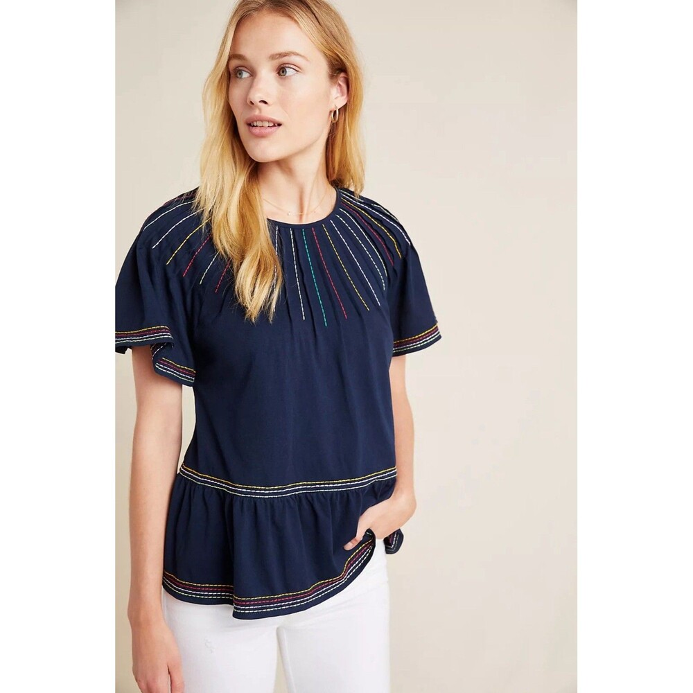Maeve Anthropologie Navy Blue Chamonix Embroidered Swing Top Size Small Boho